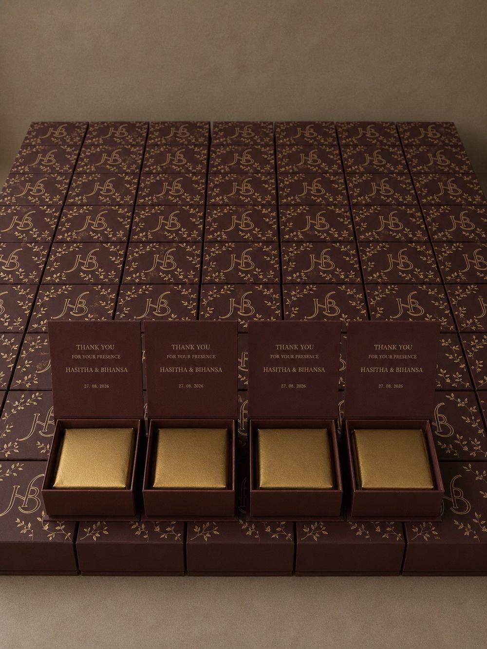 Burgundy and gold personalized wedding favor boxes