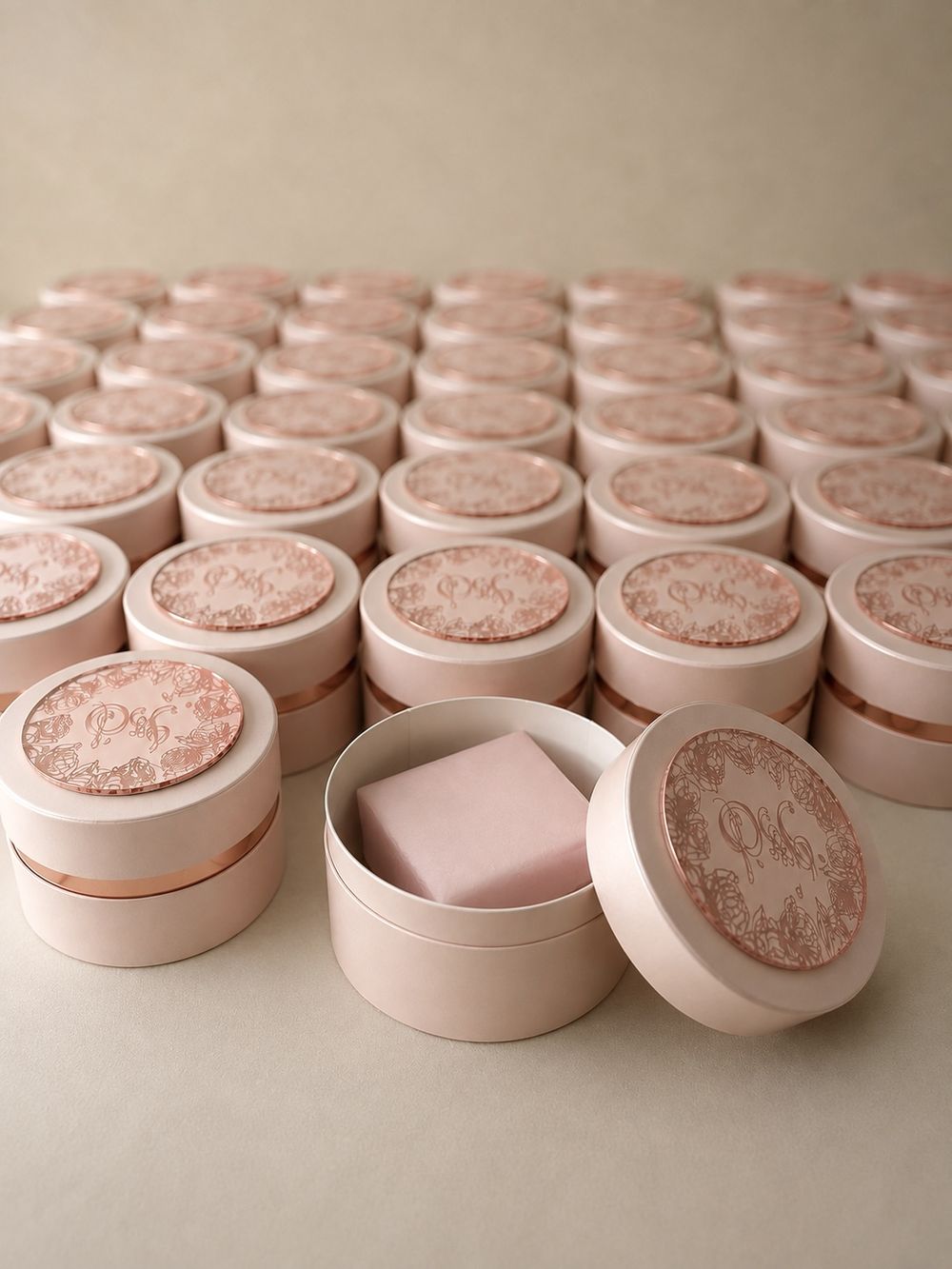 Blush pink monogrammed favor tins