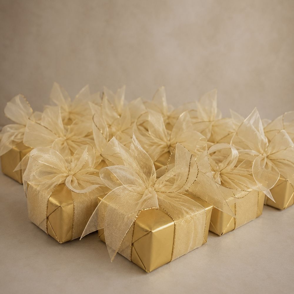 Gold-wrapped favor boxes with organza bows