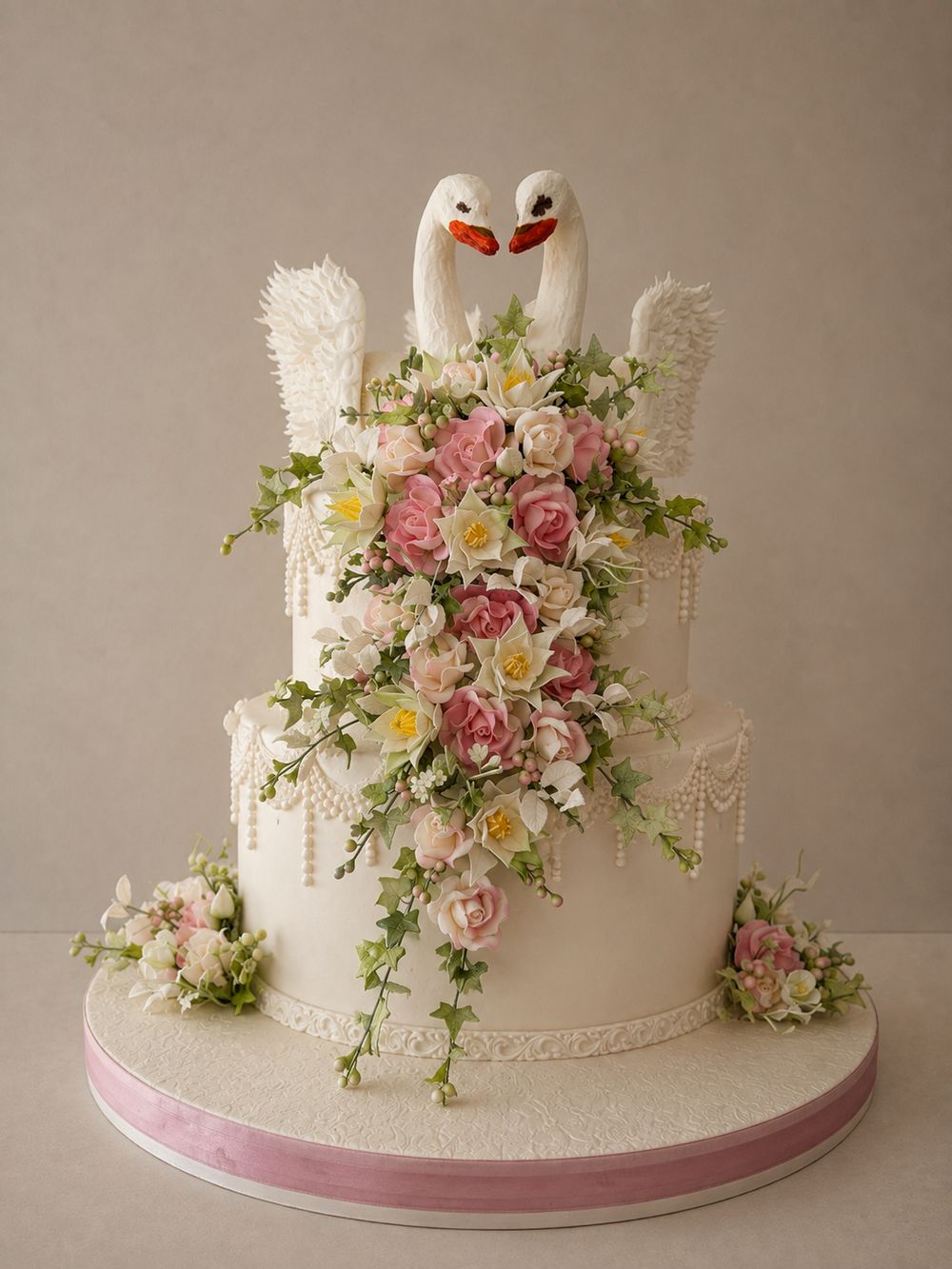 Wedding cake with sugar swans