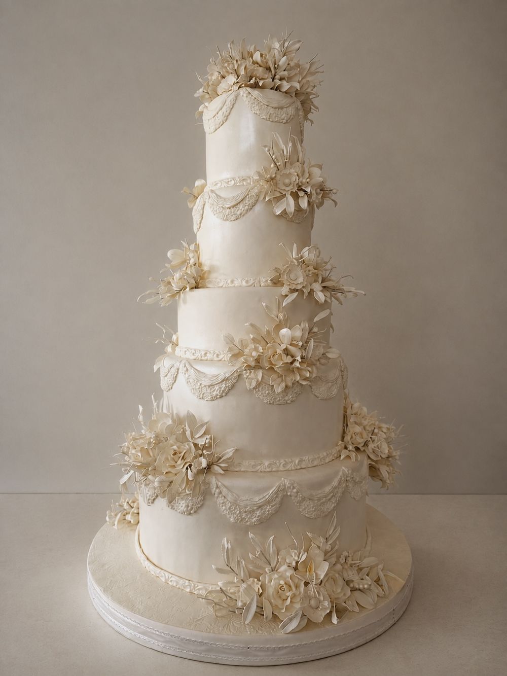 Five-tier ivory lace wedding cake