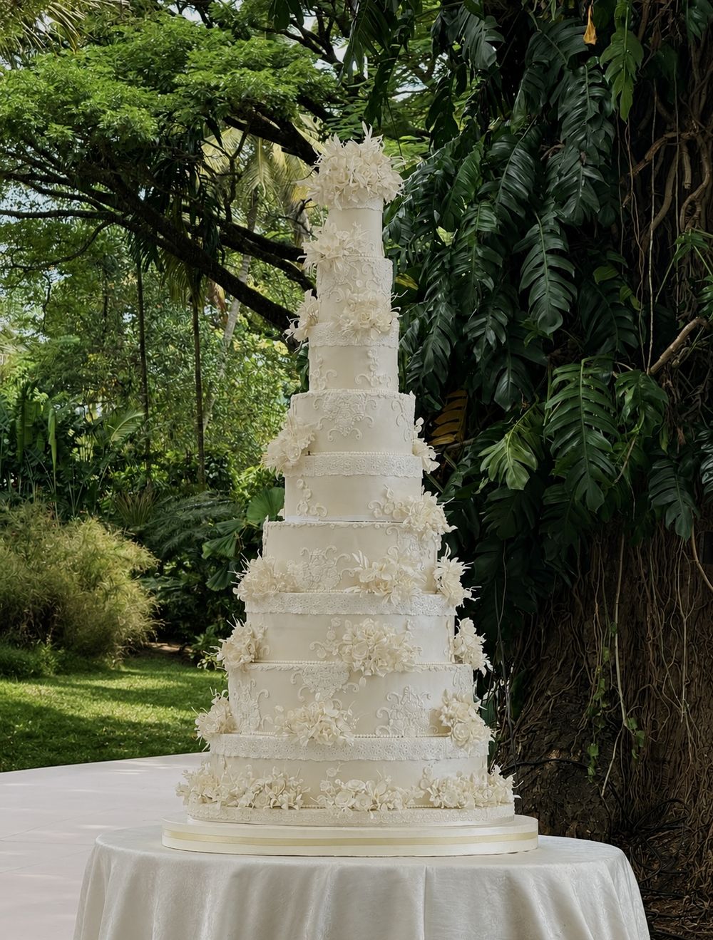 Tall wedding cake outdoors